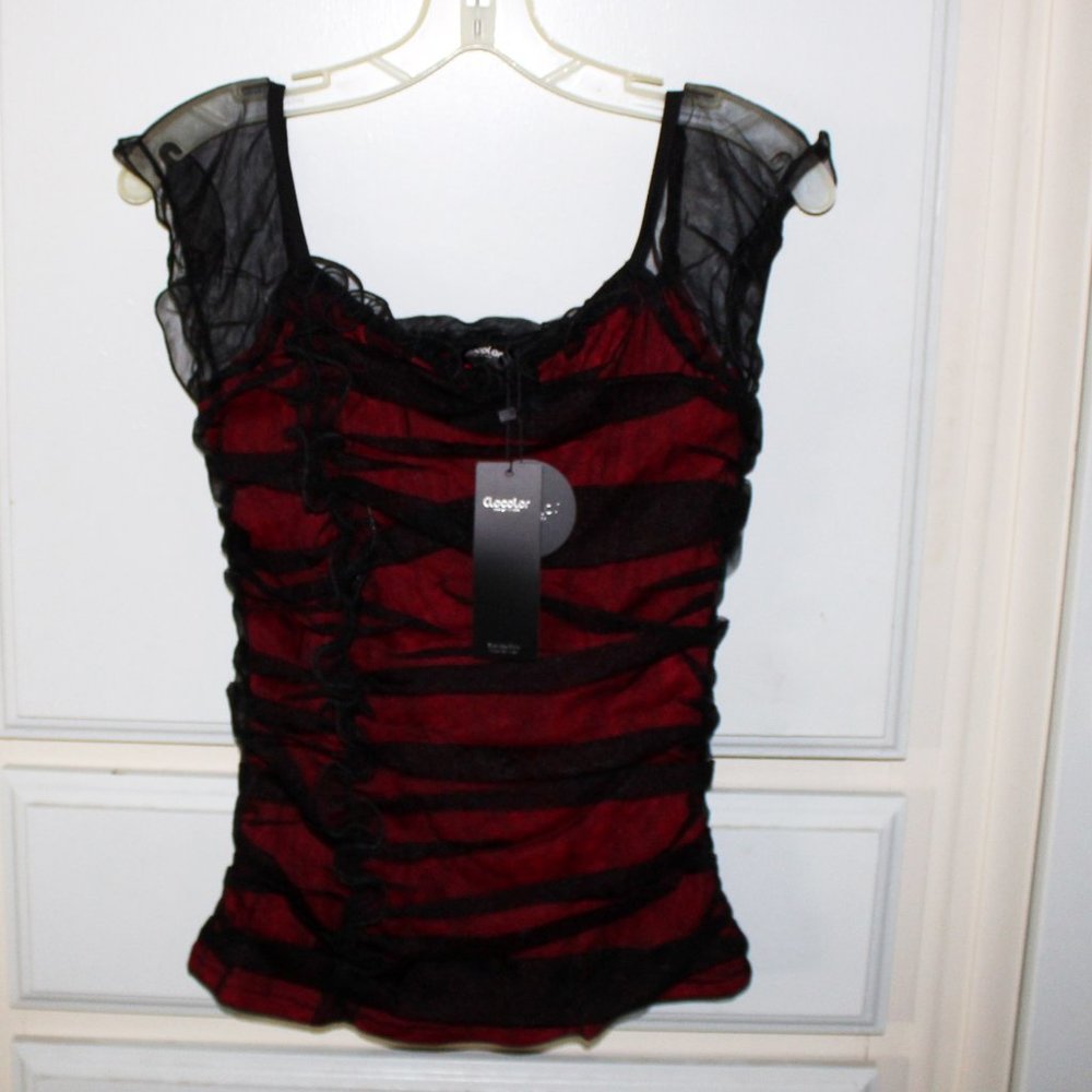 Black & Red Overlay Stretchy Blouse  NWT